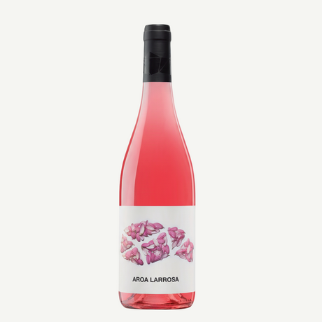 Vino rosado ecológico Aroa Larrosa 2023 75 cl, fresco y ligero, con aromas a fresa, frambuesa y flor blanca. Ideal para aperitivos, ensaladas o solo.