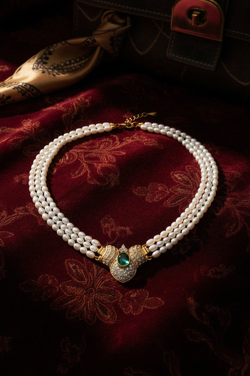 Collar Doble de Perla de Agua Dulce 5–6 mm · Cierre Dorado & Circonita Verde